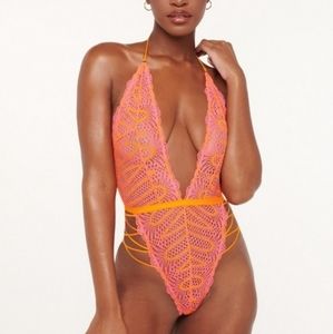 SavageXFenty Stranded In Lace Crochet Teddy Orange Cream L NWT